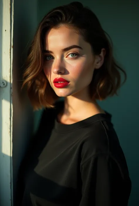 (Best Quality, 8k, 32K, masterpiece, HD: 1.2), Photo of a beautiful American woman,perfect blue eyes, Stunning red lips, ultra detailed, very short bob hair, Upper part of the body, facial focus, dramatic filtered sunlight, oversized black t-shirt, collar,...