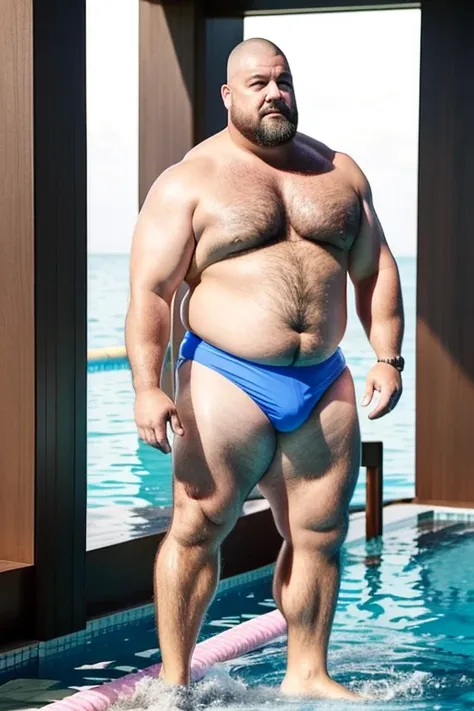 50 years old fatty lowered eyebrows Worlds Strongest Man, hairy body, Japanese man with a shaved head and beard, and a big and thick dick. wearing speedo pink neon color swimwear. in a pool side.