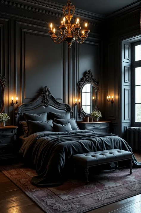 Medium bedroom with classic old design, black color, with multiple lights 