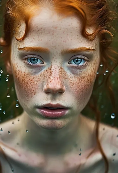 An exquisitely detailed photograph of a graceful red-haired girl with freckles, drowning in bog, a scattering of freckles on the dewdrops of a beautiful face, with pointed features, a dreamy look of languid eyes and a slightly open mouth in an expression o...