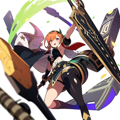 colorful , masterpiece, best quality, 1girl, weapon, solo, fantasy weapon, ((blurry background)), orange, green, violet, brown, white, (((low detail white background))), dutch angle, combat,
