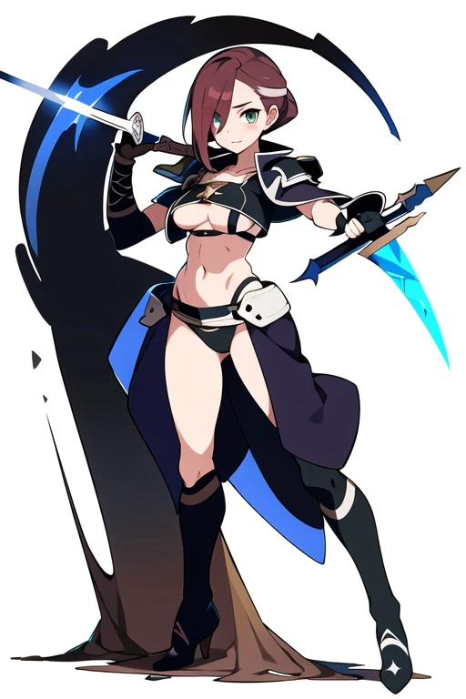 stand posture, cute eyes, adult female, solo, high fantasy cloth, ((white background)), full body, holding weapon, crop top, character design, vivid color,  (underboob cutout), great sword,