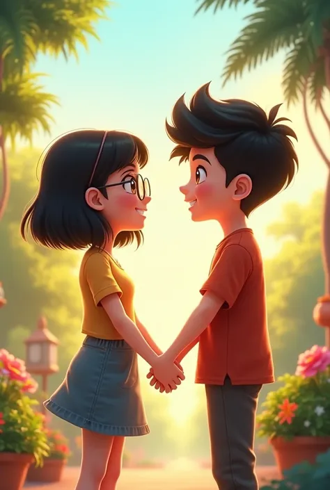 Girl with glasses holding hands with a boy of the same size animated teenagers 
