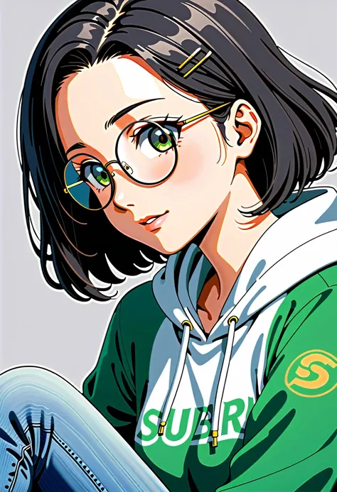 score_9, score_8_up, score_7_up, rating_explicit, score_anime, masterpiece, best quality, delicate illustration, sharp line, sharp focus, break (portrait:1.3), 1girl, (happy:1.3),clothed, break 
(black hair, short hair, wavy hair, forehead, green eyes, rou...