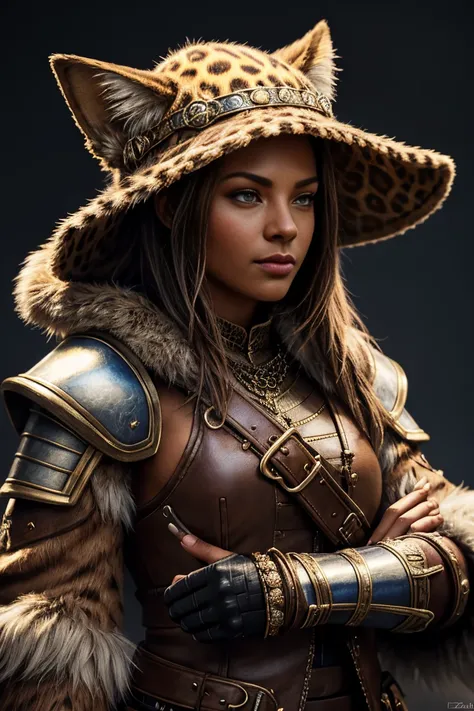 Duelist tabaxi female tan spotted fur tabaxi leopard, thin build, wearing a gambeson armor ,wralding a rapire , wearing a hat with a feather , realistic render, Dungeons and Dragons, Fantasy, octane render, zbrush. Character design, photorealistic, unreal ...