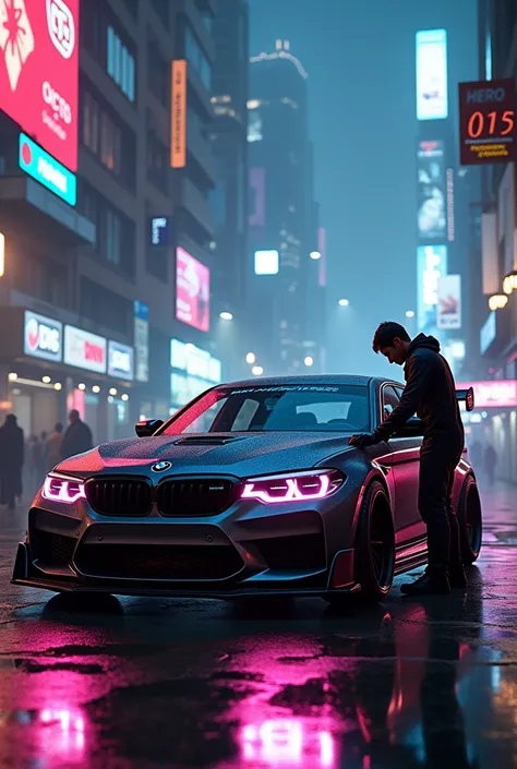 Creat a bmw m5 cs and a man adding kits for it in cyber punk with neon lights 