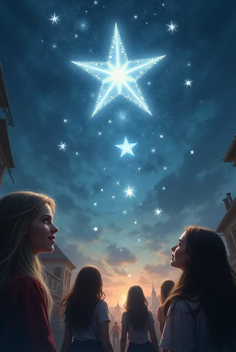 The townspeople are outside, they saw women turning into stars. Their faces are full of admiration and happiness while looking at the beautiful stars in the sky.