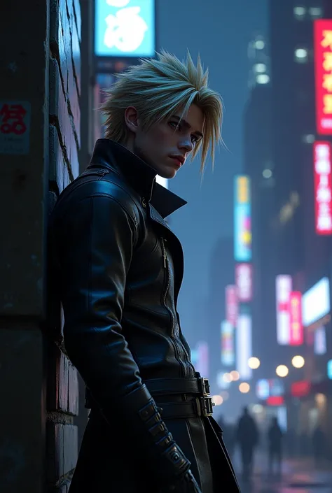 Cloud Strife leaning against a wall with a cool pose in a city at night