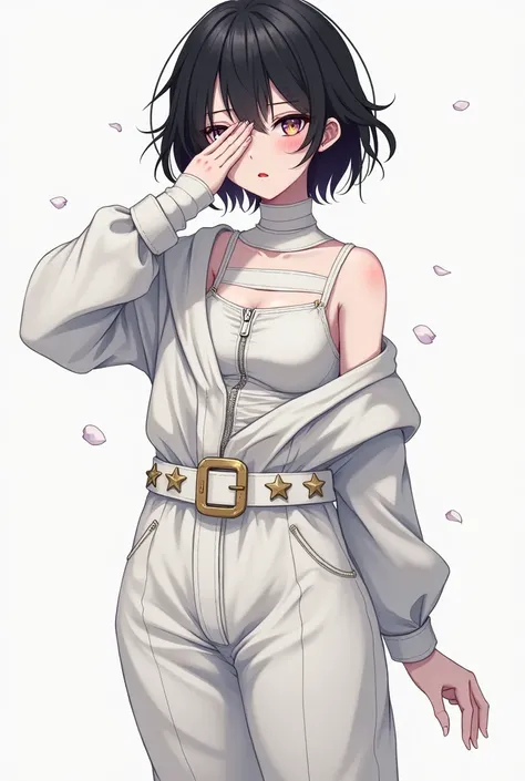 an anime girl. She is an adult. Pale skin. Her hair is short, and it&#39;s loose, It&#39;s a little long and disheveled. His hair is black. and also has striking bangs, a little disheveled. Her cheeks are slightly flushed and her lips are reddish and a lit...