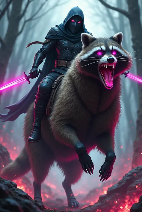 ((best quality)), ((masterpiece)), rogue assassin wearing black leather armor and a black hooded cloak and an assassins face mask with grey eyes mounted on a giant raccoon, riding into battle, fierce, angry, dangerous, mad, lethal, rogue holding spectral g...