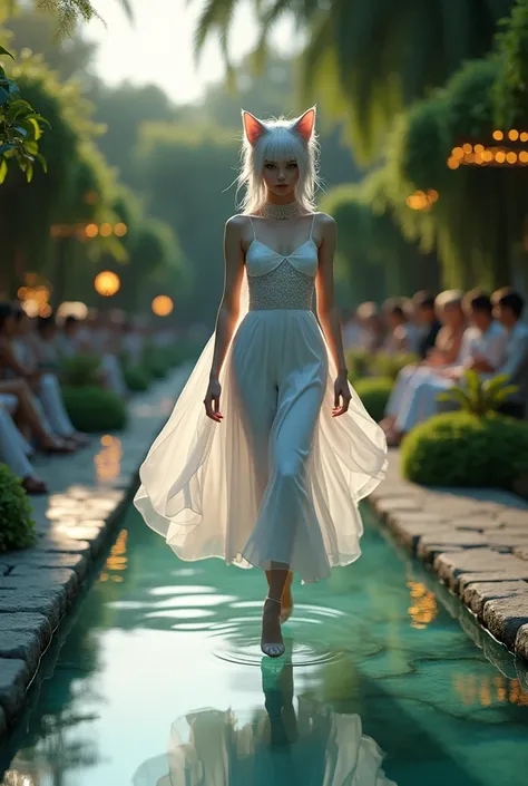 (Best quality,8K,A high resolution,Masterpiece:1.2, DSLR, 16k ),Ultra-detailed,(Realistic,Photorealistic,photo-realistic:1.37), Imagine an outdoor fashion show set in a lush garden at twilight. The runway is an elegantly designed clear glass platform suspe...