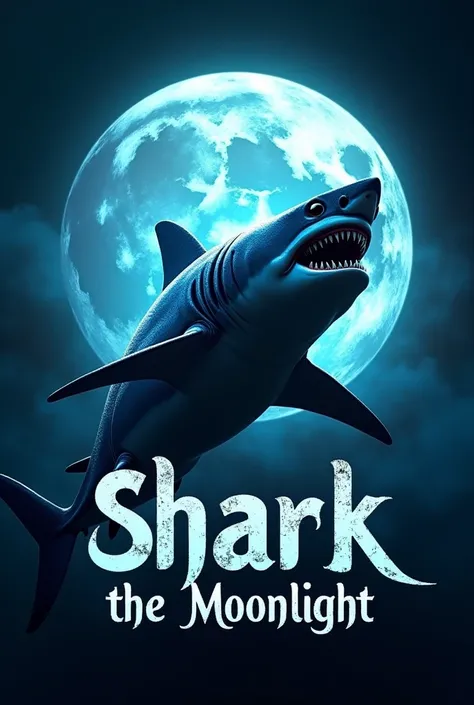 3d hd logo of a very fierce shark glowing in the moon with the name SHARK THE MOONLIGHT written