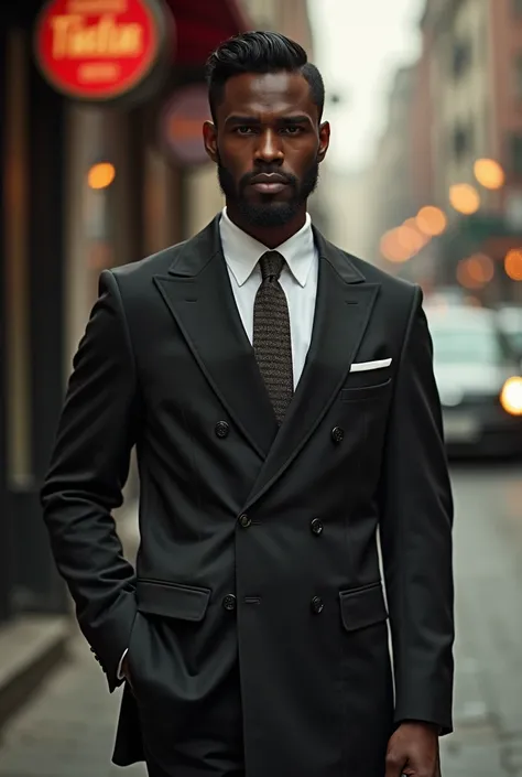 a male model in vintage style, retro fashion composition, businessman, dark-skinned, from front view, use of treno, high definition