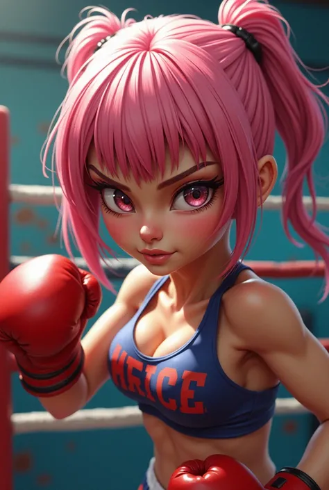 4d large head caricature, best quality, very detailed, Realistic, manga style, solid manga color, Beautiful terrifying female boxer, Sakura (Naruto), Hard hitting punching bag with fist, Great impact, dynamic pose, dynamic composition, natural beauty, slim...