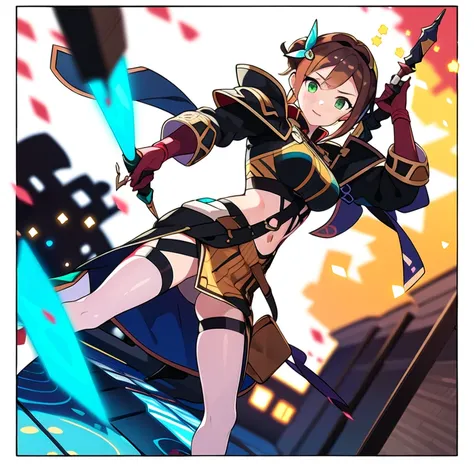 colorful , masterpiece, best quality, 1girl, weapon, solo, fantasy weapon, ((blurry background)), orange, green, violet, brown, white, dutch angle, combat,
