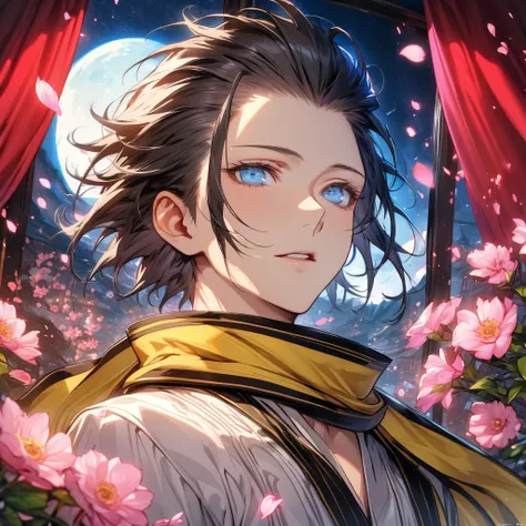 Ultra detailed, highres, absurdres, HDR, master piece, Mochizuki Ryouji, black hair, slicked back hair, expressive blue eyes, yellow scarf with black patterns, white shirt, Persona 3, solo, pink flowers, petals, moon, sexy man, handsome, best quality, fant...