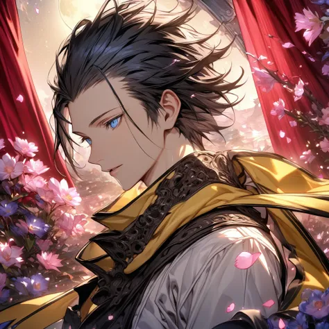 Ultra detailed, highres, absurdres, HDR, master piece, Mochizuki Ryouji, black hair, slicked back hair, expressive blue eyes, yellow scarf with black patterns, white shirt, Persona 3, solo, pink flowers, petals, moon, sexy man, handsome, best quality, fant...