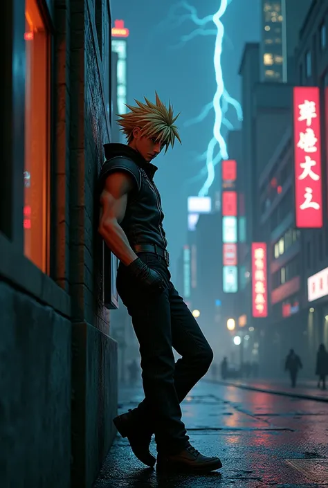 Video game style Cloud Strife leaning against a wall with a cool pose in a city at night