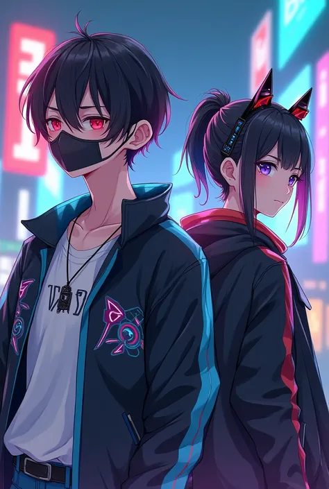 two twin brothers, one with short hair and a mask and one with her hair tied up with bangs and wearing sunglasses, cyberpunk clothing aesthetics, Vtubers, front position, アニメ, HD, 4K