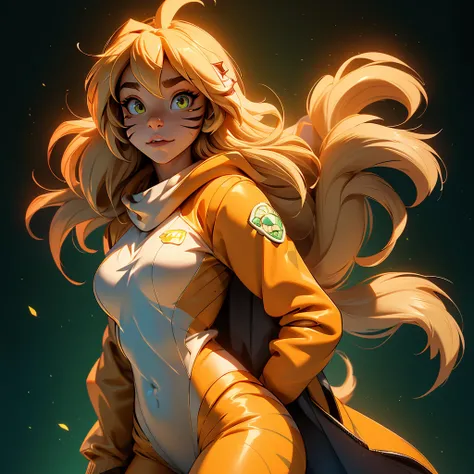 envision a 8k, highres, cinematic, beautiful extreme close up face Pinup of a cute furry female anthro, with a slender muscular body, ((short blonde hair)), long bangs, yellow eyes, Orange and White Fur, Tiger Stripes, Green Jacket, ((((! Girl)))), ((Flora...