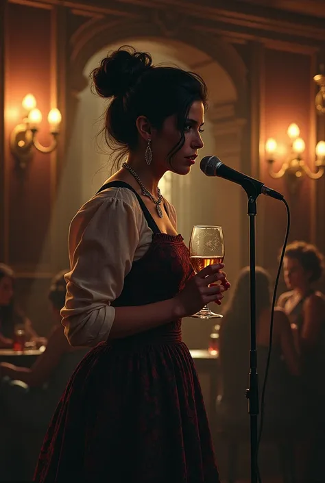 Draw Amy Winehouse sketching a certain sadness singing in a typical English pub, with their traditional dresses, holding a glass of wine in his left hand and a microphone in his right hand on a slightly darkened stage. Use the figure in the link as a basis...