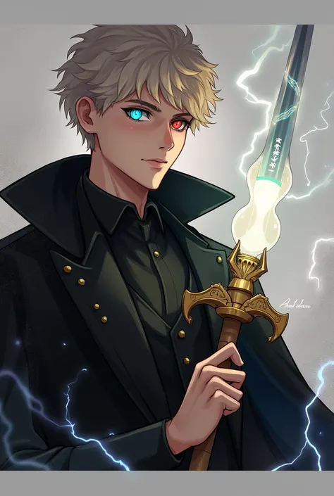 Create a character using this image as reference wearing a black suit, he has short curly hair, and is a white person. This character holds a glowing white hourglass in his left hand and in his right hand he has a lightning sword in his other hand., and ey...