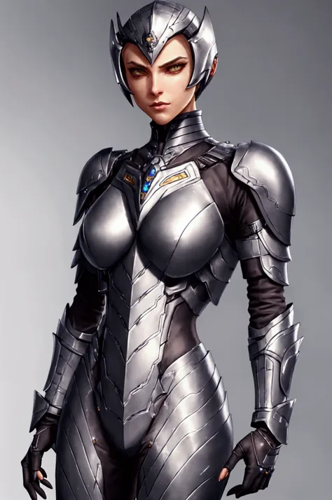 feminine, small chest, lean muscles, futuristic armor: slim tech gauntlets, sleek chest plate, shoulder plates, fingerless glove...