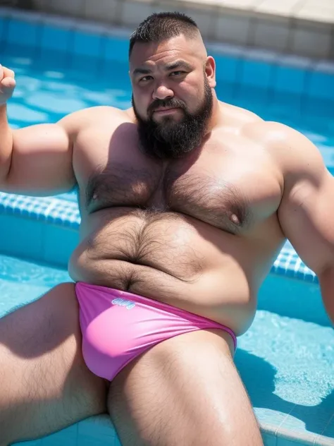 50 years old fatty lowered eyebrows Worlds Strongest Man, hairy body, Japanese man with a shaved head and beard, and a big and thick dick. wearing speedo pink neon color swimwear. in a pool side.