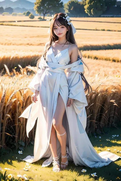 masterpiece, best quality, very high, details illustration, portrait, details, a girl stands in a wheat field., alone, long hair...