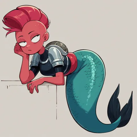 score_9, score_8_up, score_7_up, score_6_up, score_5_up, score_4_up, 4dv3ntur3t1m3,  Mermaid with ebony black tail, crimson mohawk, intense eyes, shell armor