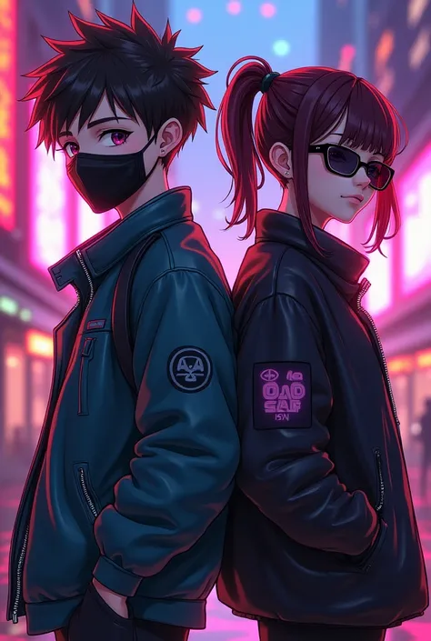 two twin brothers, one with short hair and a mask and one with her hair tied up with bangs and wearing sunglasses, cyberpunk clothing aesthetics, Vtubers, character angle from the front, アニメ, HD, 4K