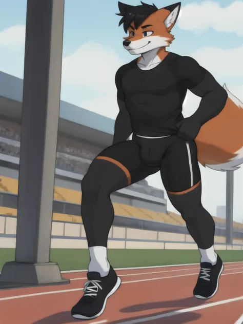 Furry, fox, male, black shirt, black spandex bike shorts, shoes, running track, solo, full body