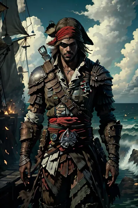 (masterpiece, best quality:1.2), Assassin, solo, Pirate, Assassins Creed Black Flag, Aftermath, presumptuous, imposing expression,luxury, Caribbean sea