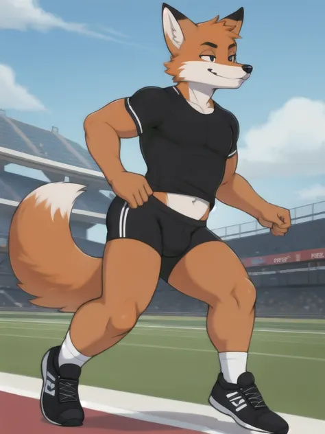 Furry, fox, male, black shirt, black spandex bike shorts, shoes, running track, solo, full body