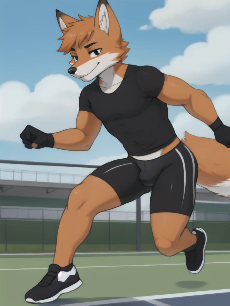 Furry, fox, male, black shirt, black spandex bike shorts, shoes, running track, solo, full body