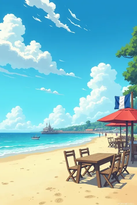 Une plage on mode one piece avec au loin un docks sur la plage une table avec des chaises et a droite de la table un drapeau BRETON et pas français 