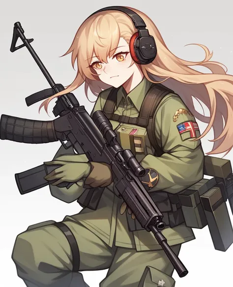 anime girl with a gun and headphones on, from girls frontline, m4 sopmod ii girls frontline, girls frontline style, fine details. girls frontline, mechanized soldier girl, with rifle, girls frontline, girls frontline cg, cushart kenz, anime machine gun fir...