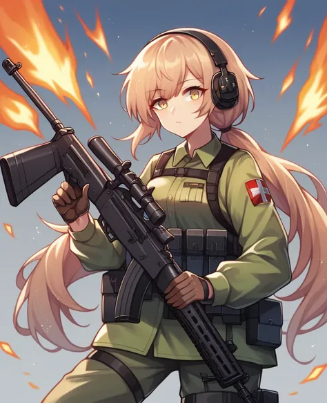 anime girl with a gun and headphones on, from girls frontline, m4 sopmod ii girls frontline, girls frontline style, fine details. girls frontline, mechanized soldier girl, with rifle, girls frontline, girls frontline cg, cushart kenz, anime machine gun fir...