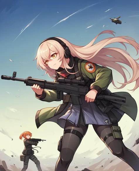 anime girl with a gun and headphones on, from girls frontline, m4 sopmod ii girls frontline, girls frontline style, fine details. girls frontline, mechanized soldier girl, with rifle, girls frontline, girls frontline cg, cushart kenz, anime machine gun fir...