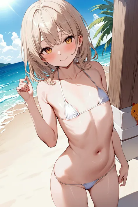 (((White micro bikini)))、(((Female Kindergarteners)))、(youngest son：1.4)、(髪の短いGirl)、（Girl:1.6）、((Girl１people))、Highest quality，masterpiece，Ultra-high resolution，Perfect Anatomy、RAW Photos、smile, Sunny beach day、Ocean、Sandy Beach、Adorable、Thigh、((Flat Chest...