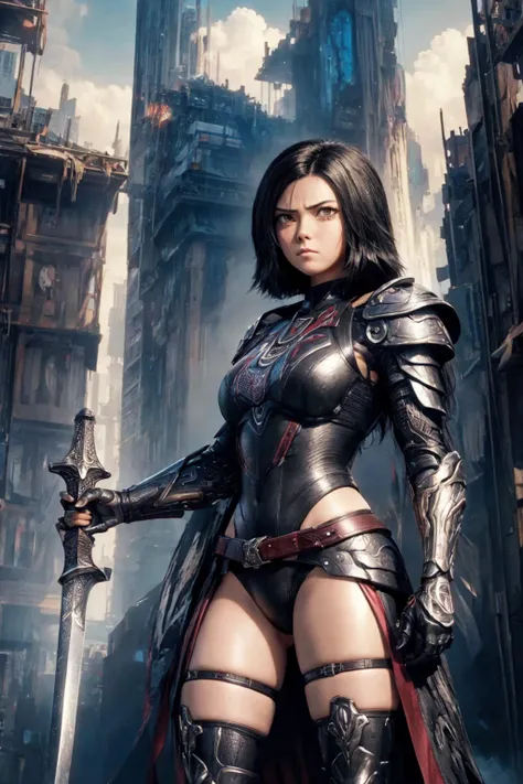 1 , solo, high resolution, gazing at viewer, shorth hair, Bblack hair, Eyes red, Alita, holding a giant sword on his shoulders, background explosion, shoulder armor, bikini armor, long thigh high boots, angry expression on her face, thighs showing,  neckle...