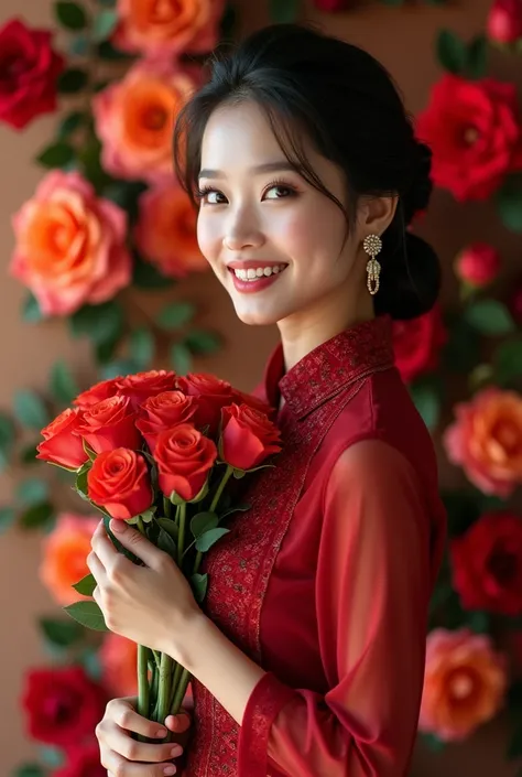 An Indonesian girl ,smooth white skin, well-groomed face,sweet smile,hair up Korean style,wearing a kebaya Pres body,, red .borkat red  transparan, Accessory, berpose diantara bunga mawar red jingga. Hands holding a bouquet of roses, bokeh background, Real...