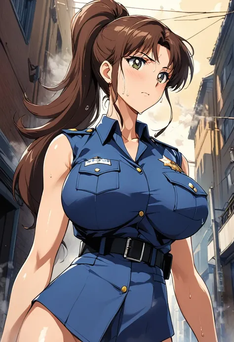 masterpiece, Highest quality, High resolution, (Makoto Kino),1990s (style),height: 175cm, Brown long hair,ponytail、 Sexy long legs, police uniform, In town,(E-cup beautiful breasts)、Sweating all over the body、vapor、Muscular、Sweaty、Configuration from the fr...