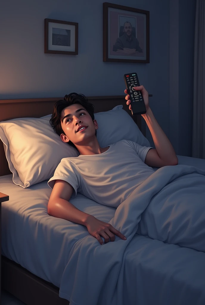 Scene of a person lying on a bed with a remote control in his hand