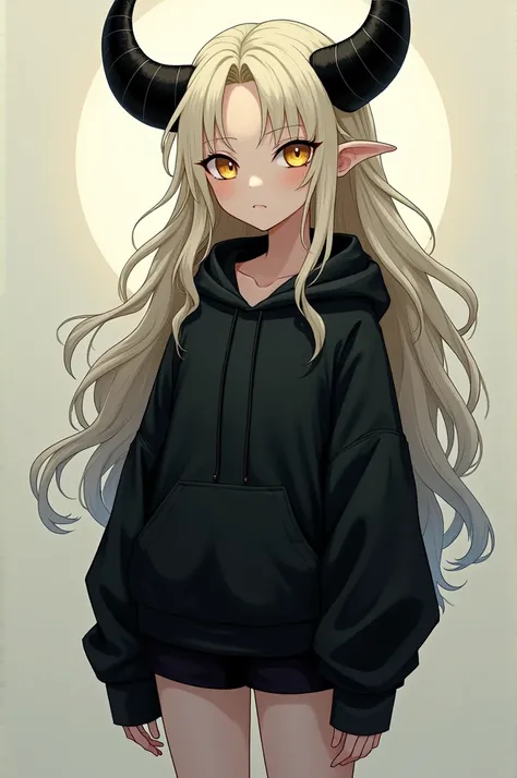 Girl with almost white yellow hair with long, loose hair and black horns on each side with honey-colored eyes, with a black hooded sweater with shorts 
