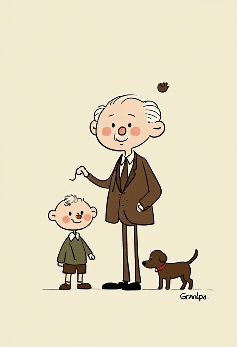 stick figure，cartoon grandpa and puppy。unique。