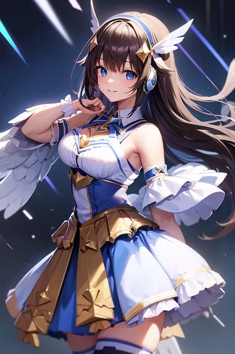 mecha wings、white and blue skirt、thighs、tights、chest、black hair、1 girl、solo girl、is、frame arms girl、alice gere aegis、blue armor、...