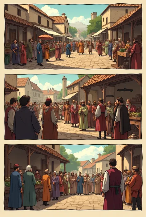 Make a 4-frame comic strip about the Middle Ages Frame 1: Image: A medieval market full of peasants, merchants and local products.
• Narrator: "during the Middle Ages, Guilds began to regulate trade."
Viñeta 2: Image: Artisans working together in a worksho...