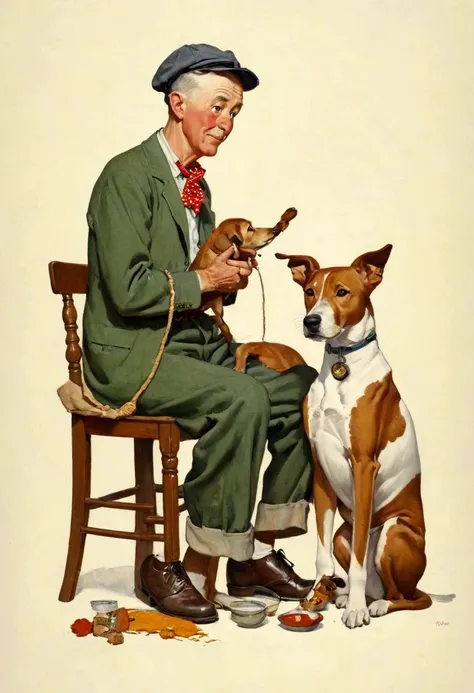 there is a painting there，a man in painting clothes、a boy and a dog, grandfather, norman rockwell style, author：gavin hamilton (...