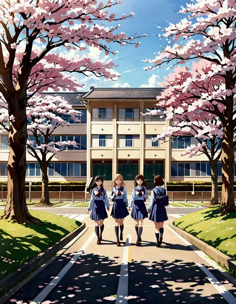 Students walking outside a Japanese high school, outdoors, daytime, spring, wide shot, Tokyo, warm lighting, grassy knoll, small parking lot, 2cars, peaceful atmosphere, masterpiece, high quality, fine details, cherry blossom trees, beige two-story buildin...